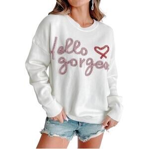Hello gorgeous tinsel lettering white knit sweater oversized fit women’s size M
